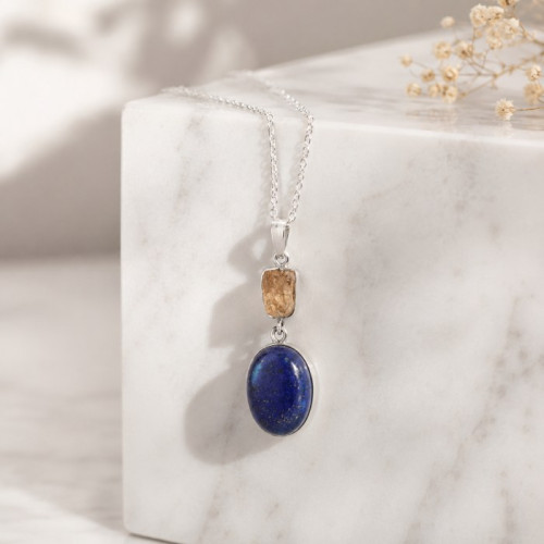Multi stone Pendant , 925 Sterline Silver  citrine & Lapis Lazuli Pendant