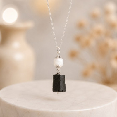 925 Silver Black Tourmaline & moon stone Pendant