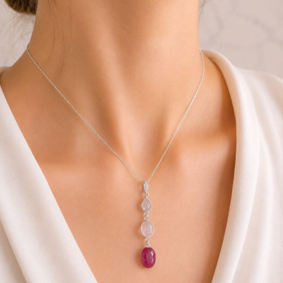925 Silver Natural Red Ruby & Rose quartz  & moon Stone Pendant