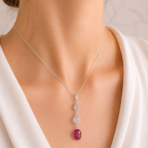 925 Silver Natural Red Ruby & Rose quartz  & moon Stone Pendant