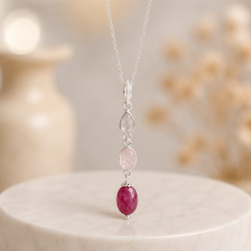 925 Silver Natural Red Ruby & Rose quartz  & moon Stone Pendant