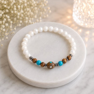 Multi Stone Bracelet , 7mm Mother Of Pearl , Coke Wood  Turquoise & Hematite Stones Bracelet - Men Bracelet