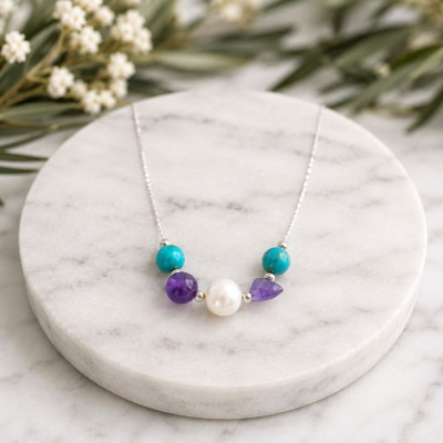 Multi Stone Pendant amethyst , turquoise , pearl in One Pendant