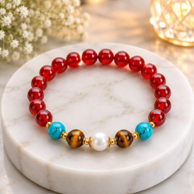 8mm 8mm Kırmızı Akik , Turkuaz , Kaplan Gözü Taşlı ve İnci Bileklik