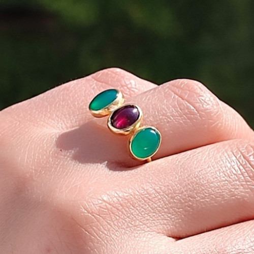 Multi Stone Ring , 925 Sterling Silver Green Onyx & Tourmaline Stones Ring - Free Size Multi Stone Ring , 925 Sterling Silver Green Onyx & Tourmaline Stones Ring - Free Size