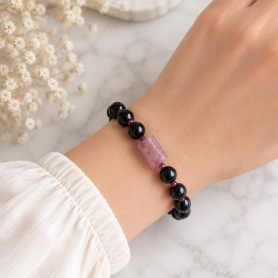Multi Stone Bracelet , 8mm Black Onyx With strawberry quartz