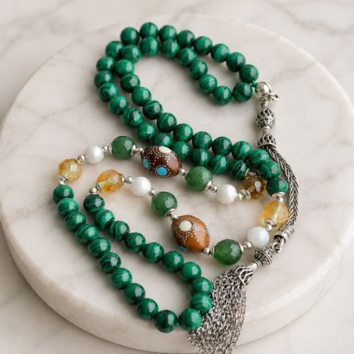 925 Sterling Silver Malachite Stone Rosary - Men Rosary