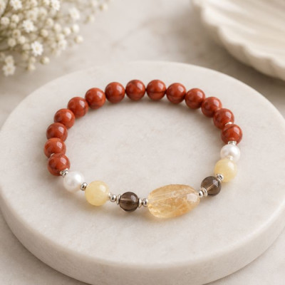 8mm Kırmızı Jasper , İnci , Sitrin ve Dumanlı Kuvars Taşlı Bileklik