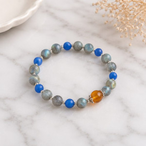 8 mm Labradorite Stone , Blue Agate & Amber Bracelet
