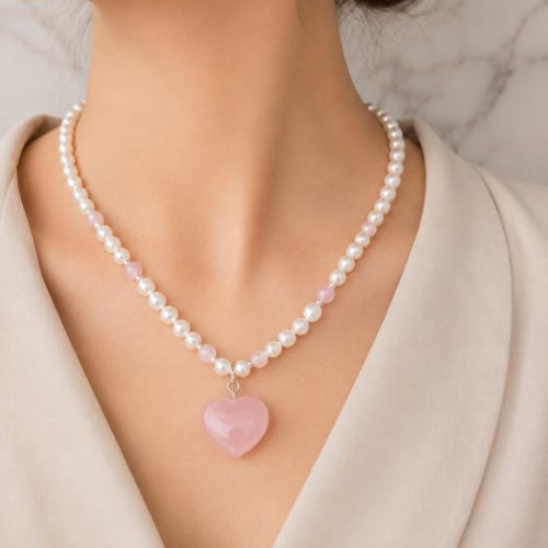 925 Silver Natural Rose Quartz & Pearl Stone Pendant