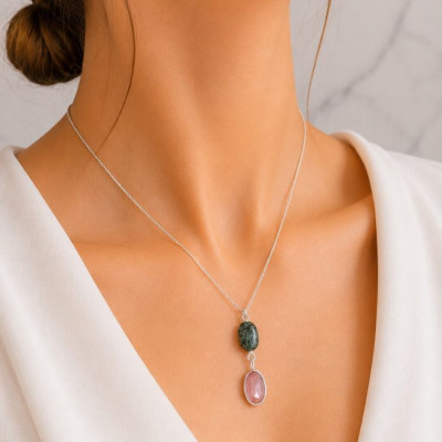 925 Silver Rare Emerald & tourmaline Stone Pendant