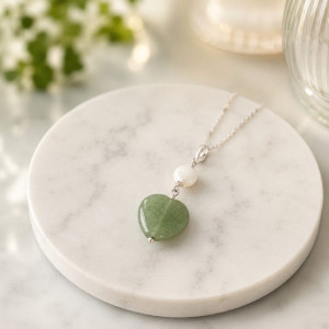 Natural Aventurine Stone & pearl Pendant -  Heart of Love