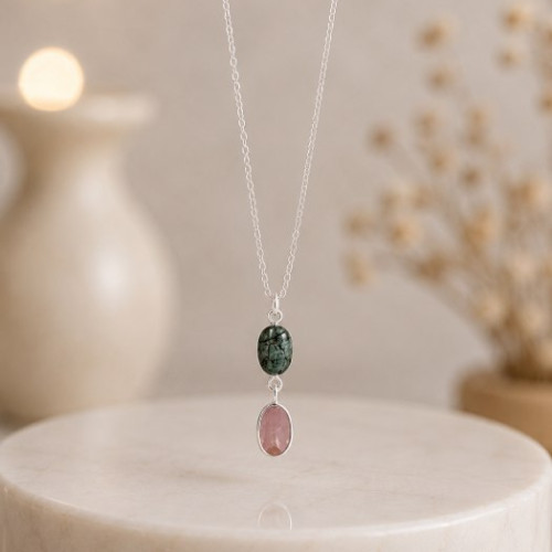 925 Silver Rare Emerald & tourmaline Stone Pendant