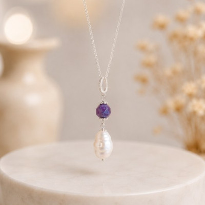 925 Ayar Gümüş Beyaz İnci & amethyst  Kolye