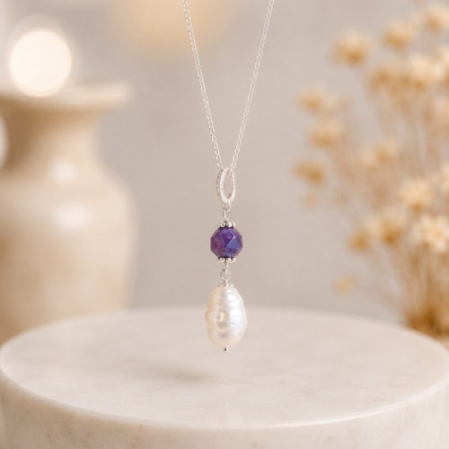 925 Ayar Gümüş Beyaz İnci & amethyst  Kolye