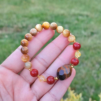 Multi Stone Bracelet , 8mm Natural Tiger Eye , Red Jasper & Citrine Bracelet