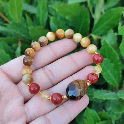 Multi Stone Bracelet , 8mm Natural Tiger Eye , Red Jasper & Citrine Bracelet