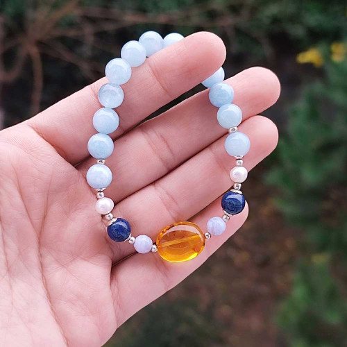 Multi Stone Bracelet , 8mm Natural Aquamarine , Amber , Pearl & Lapis Lazuli Stone Bracelet Multi Stone Bracelet , 8mm Natural Aquamarine , Amber , Pearl & Lapis Lazuli Stone Bracelet