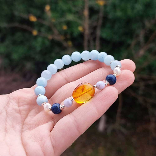 Multi Stone Bracelet , 8mm Natural Aquamarine , Amber , Pearl & Lapis Lazuli Stone Bracelet Multi Stone Bracelet , 8mm Natural Aquamarine , Amber , Pearl & Lapis Lazuli Stone Bracelet