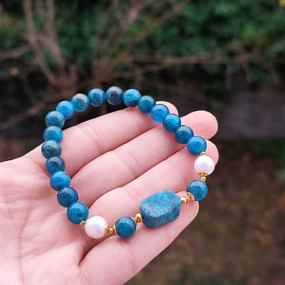 Multi Stone Bracelet , 8mm Natural Blue Apatite & White Pearl Bracelet