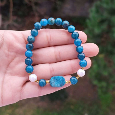 Multi Stone Bracelet , 8mm Natural Blue Apatite & White Pearl Bracelet