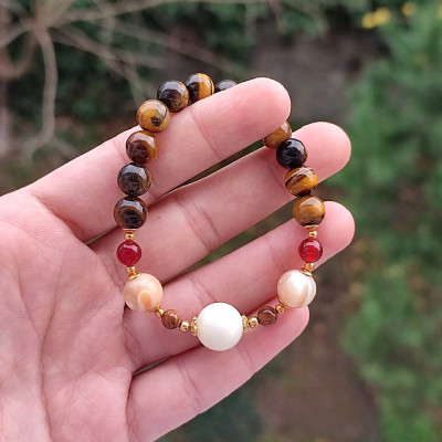 Multi Stone Bracelet , 8mm Natural Tiger Eye , Mother Of Pearl & Red Agate Bracelet