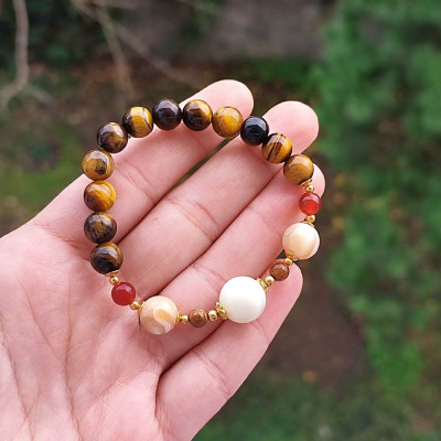 Multi Stone Bracelet , 8mm Natural Tiger Eye , Mother Of Pearl & Red Agate Bracelet
