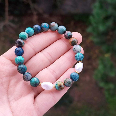 Multi Stone Bracelet  , 8mm Natural Chrysocolla & White Pearl Bracelet