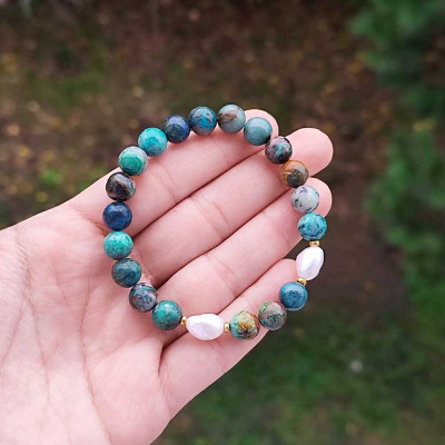 Multi Stone Bracelet  , 8mm Natural Chrysocolla & White Pearl Bracelet