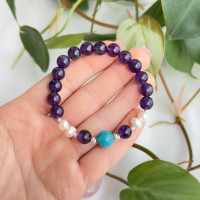 8mm Natural Amethyst , Pearl & Turquoise Bracelet