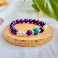 8mm Natural Amethyst , Pearl & Turquoise Bracelet