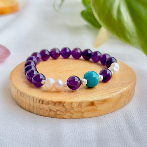 8mm Natural Amethyst , Pearl & Turquoise Bracelet