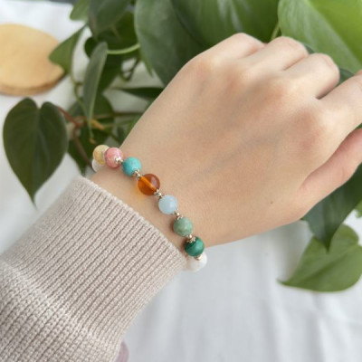Multi Stone Bracelet , 8mm Moonstone , Amber , Malachite & Citrine Stones Bracelet