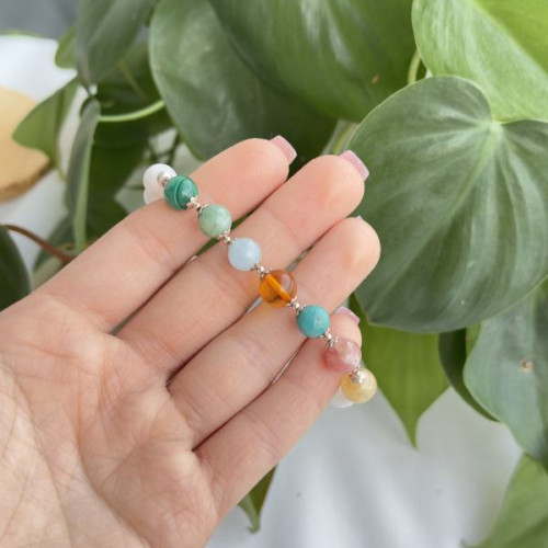 Multi Stone Bracelet , 8mm Moonstone , Amber , Malachite & Citrine Stones Bracelet