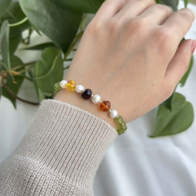 Natural Peridot Stone & Pearl & amber Bracelet