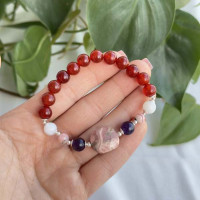 8mm Natural Red Agate , Rhodochrosite , Pearl & Amethyst Bracelet