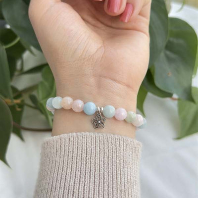 Multi Stone Bracelet , 8mm Natural Aquamarine , Morganite  Stone Bracelet