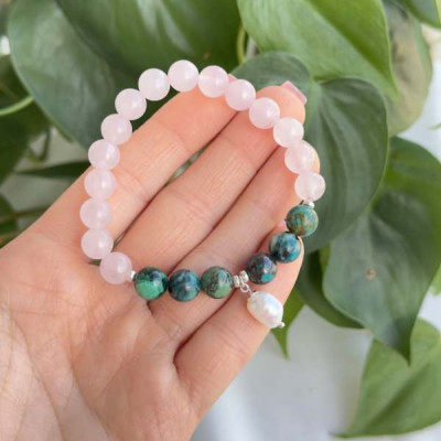 Multi Stone Bracelet , 8mm Rose Quartz . Chrysocolla & Pearl Bracelet