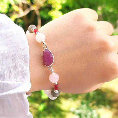 Multi Stone Bracelet , 8mm Moonstone , Labradotire , Rose Quartz & Red Ruby Stones Bracelet