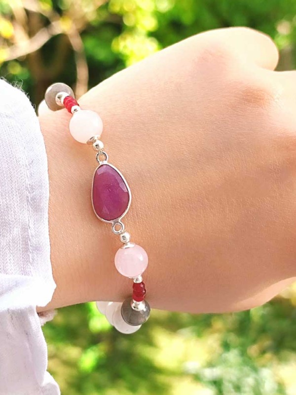 8mm Aytaşı , Labradorit ,Pembe kuvars & Yakut Taşlari Bileklik