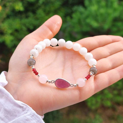 Multi Stone Bracelet , 8mm Moonstone , Labradotire , Rose Quartz & Red Ruby Stones Bracelet