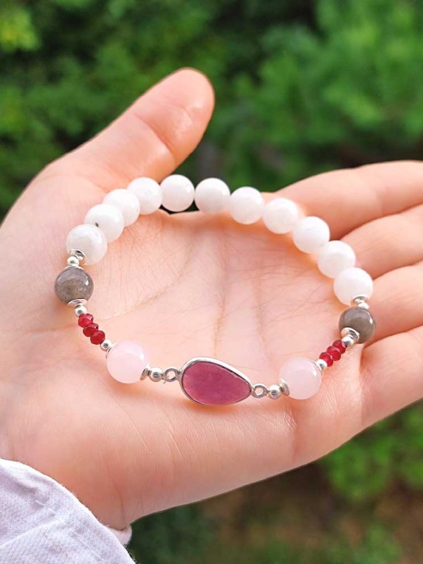 8mm Aytaşı , Labradorit ,Pembe kuvars & Yakut Taşlari Bileklik