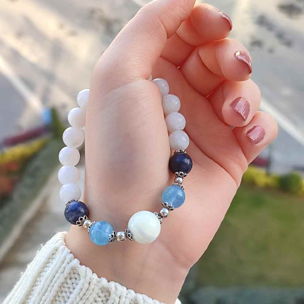 Multi Stone Bracelet , 8mm Moonstone , Sapphire , Aquamarine & Mother Of Pearl Stones Bracelet