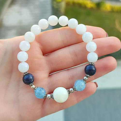 Multi Stone Bracelet , 8mm Moonstone , Sapphire , Aquamarine & Mother Of Pearl Stones Bracelet Multi Stone Bracelet , 8mm Moonstone , Sapphire , Aquamarine & Mother Of Pearl Stones Bracelet