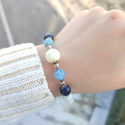 Multi Stone Bracelet , 8mm Moonstone , Sapphire , Aquamarine & Mother Of Pearl Stones Bracelet Multi Stone Bracelet , 8mm Moonstone , Sapphire , Aquamarine & Mother Of Pearl Stones Bracelet
