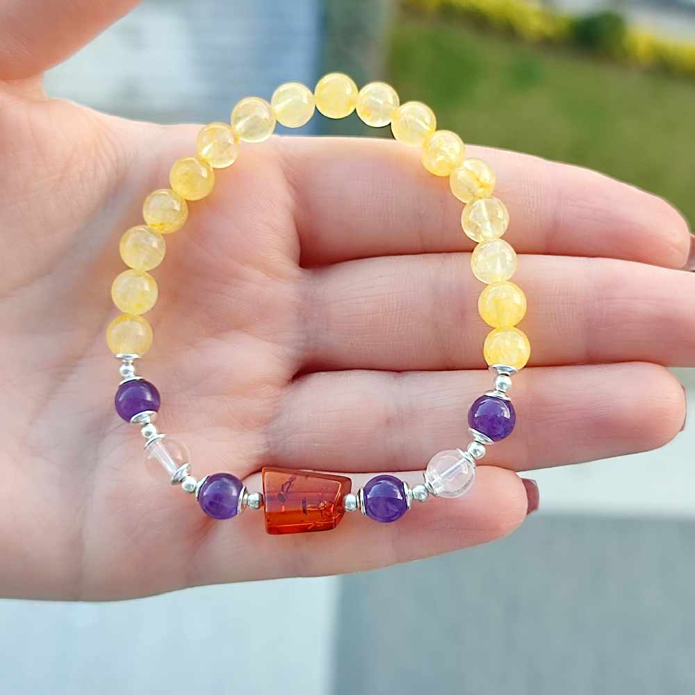 Multi Stone Bracelet ,6mm citrine ,amethyst , crystal quartz & amber Stones Bracelet
