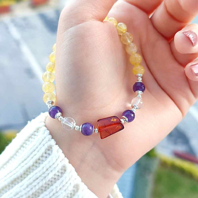 Multi Stone Bracelet ,6mm citrine ,amethyst , crystal quartz & amber Stones Bracelet