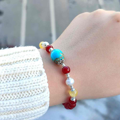 Multi Stone Bracelet , 6mm Agate , pearl , turquoise & Citrine Bracelet