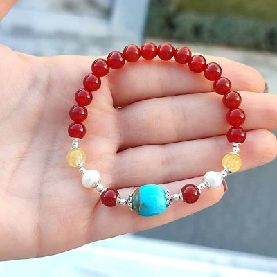 Multi Stone Bracelet , 6mm Agate , pearl , turquoise & Citrine Bracelet