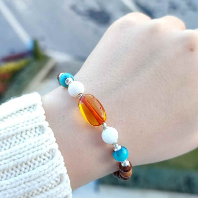 Natural Coke Wood Bracelet With turquoise , moonstone & amber